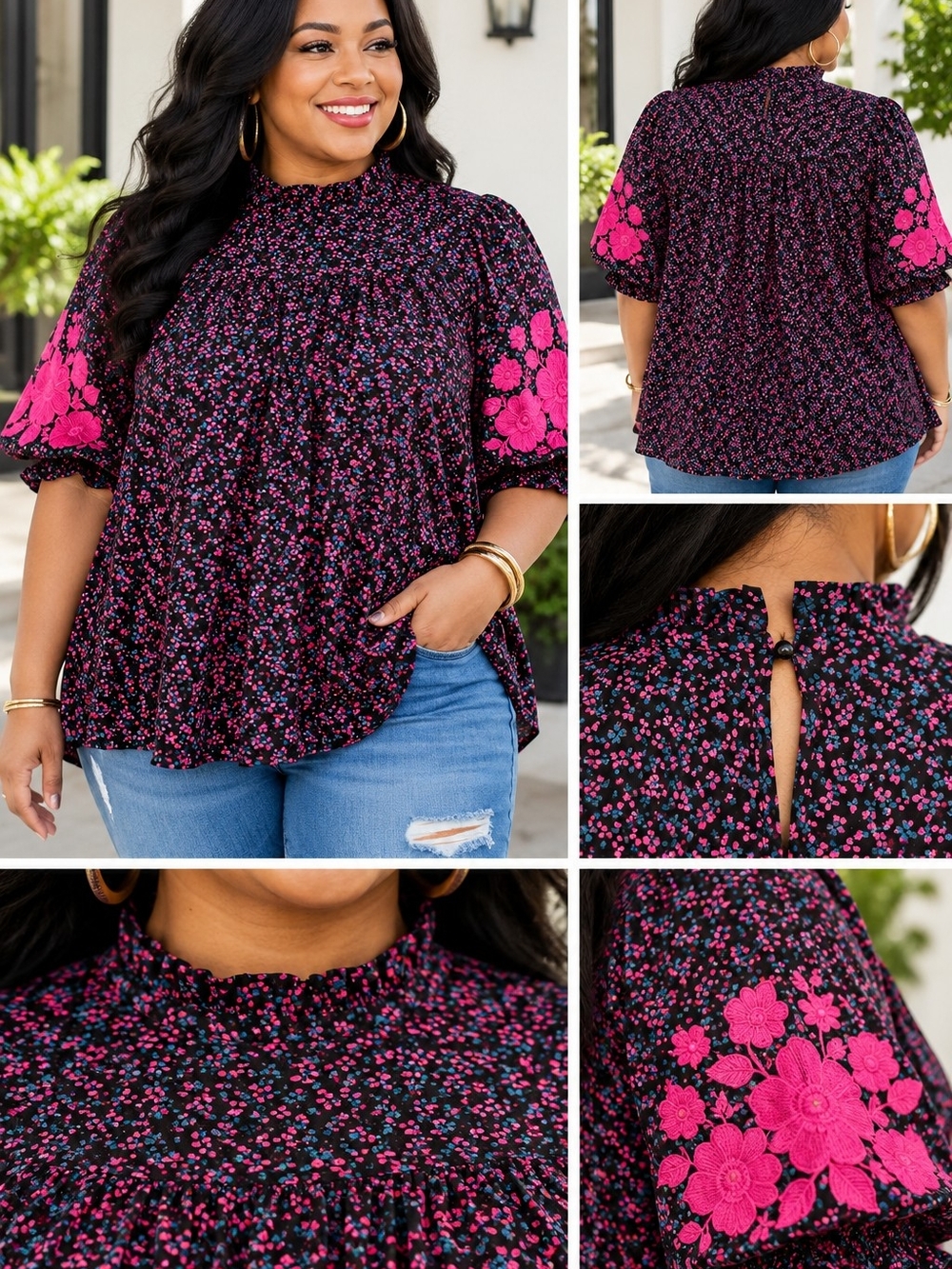 Savannah Jane Plus Size Floral Embroidered Blouse 1X 2X NWT
